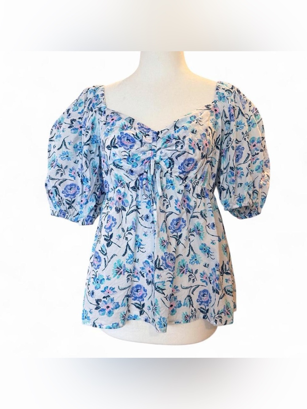 Women's Blue Floral Peasant Blouse - Brand Not Visible